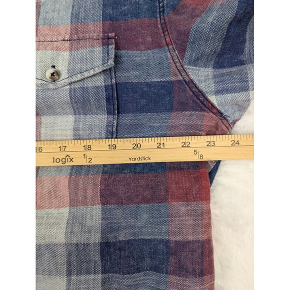 Carbon 2 Cobalt Shirt Men's L Button Up Blue Red Plaid Short Sleeve Denim Collar - Picture 5 of 8